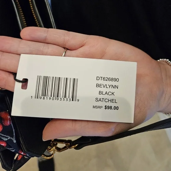 Steve Madden Bevelyn Black Top-Handle Satchel with Cherry-Print Scarf - Picture 8 of 8